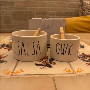 Rae Dunn by Magenta Ceramic Guac And Salsa Bowl Set With Bamboo Spoons - New